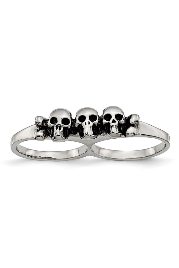 Stainless Steel Polished & Antiqued Two Finger 7/8 Skulls Ring
