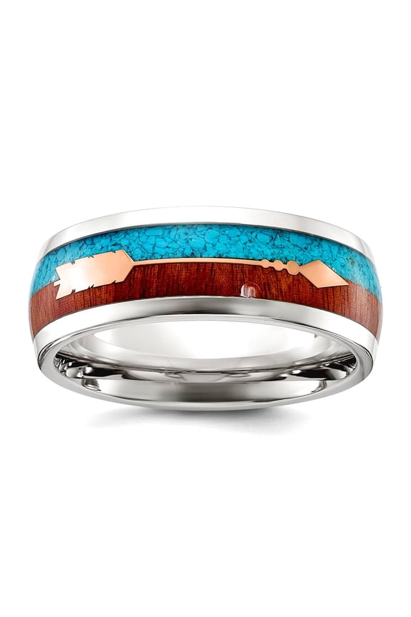 Stainless Steel Polished Arrow With Simulatedturquoise and Wood Inlay 8mm Band Size 9.5 Ring for Women and Men