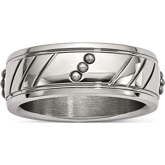 Stainless Steel Polished Beaded And Grooved 8mm Band (Size 10.5) Made In China sr594-10.5