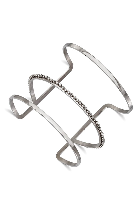 Stainless Steel Textured Polished Beaded Cuff Stackable Bangle Bracelet 57mm Wide Cuff Bracelet for Women
