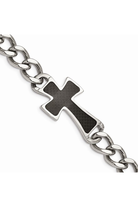 Stainless Steel Polished Black Carbon Fiber Inlay Cross 8.5in Chain ; for Adults and Teens; for Women and Men