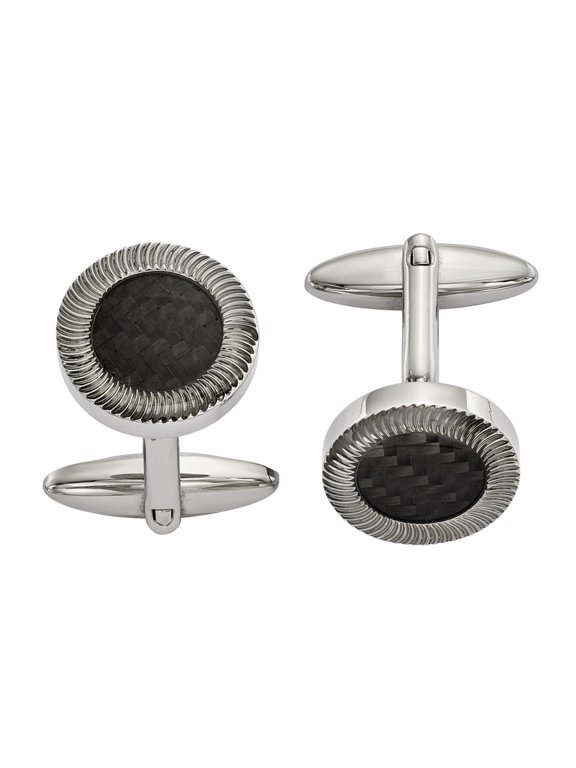 Stainless Steel Polished Black Carbon Fiber Inlay Cuff Links