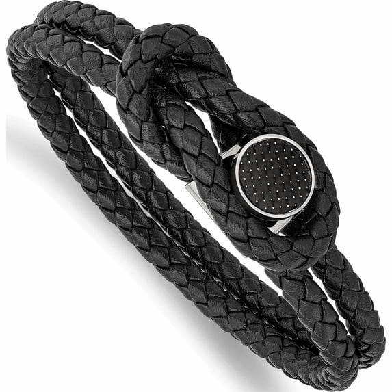 Stainless Steel Polished Black Carbon Fiber Inlay Leather 8.5In Bracelet (8.5 X 11) Made In China -Jewelry By Sweet Pea