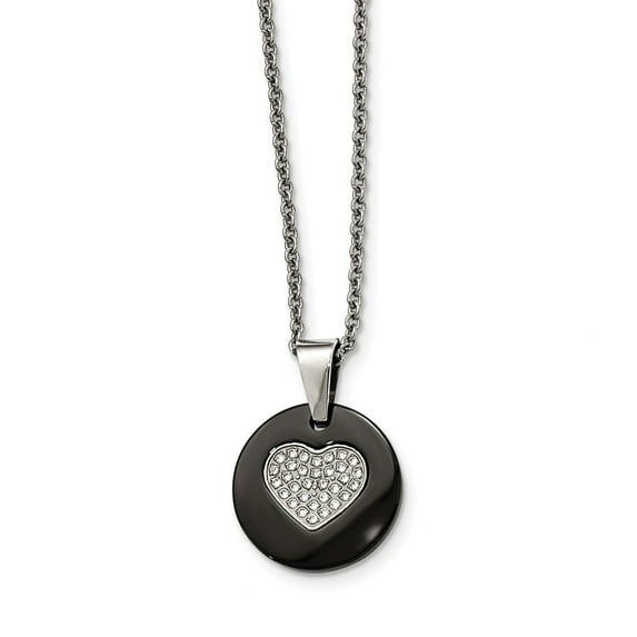 Stainless Steel Polished Black Ceramic Cubic Zirconia Heart Necklace - 22 Inch