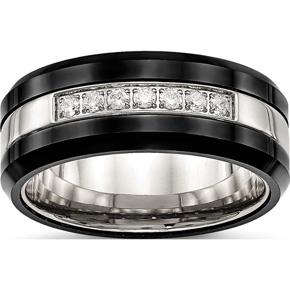 Stainless Steel Polished Black Ceramic Cz Beveled Edge Ring (Size 11) Made In China sr563-11