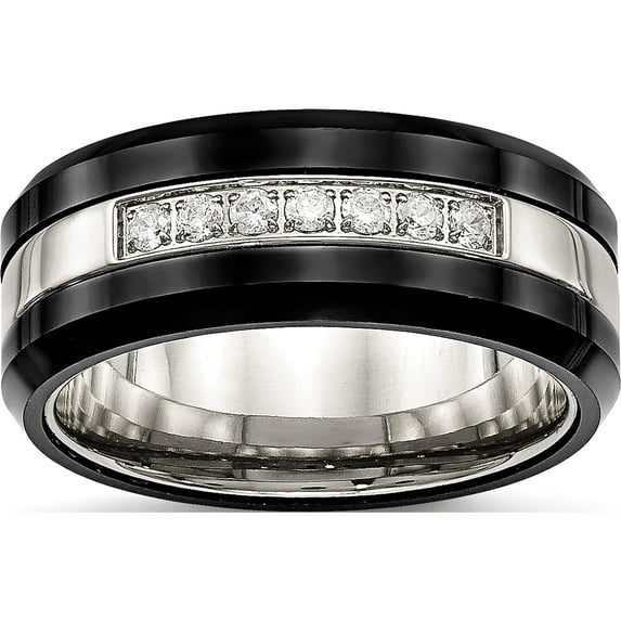 Stainless Steel Polished Black Ceramic Cz Beveled Edge Ring (Size 13) Made In China sr563-13