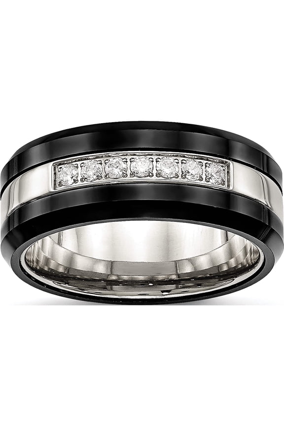 Stainless Steel Polished Black Ceramic Cz Beveled Edge Ring (Size 6) Made In China sr563-6