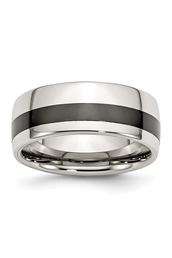 Finest Gold Stainless Steel Polished Black Ceramic Inlay 9 mm Band - Size 11.5