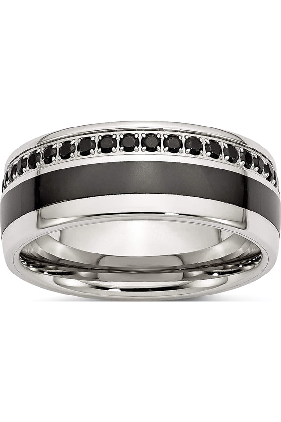Stainless Steel Polished Black Ceramic Inlay Cz 9mm Band (Size 13) Made In China sr388-13
