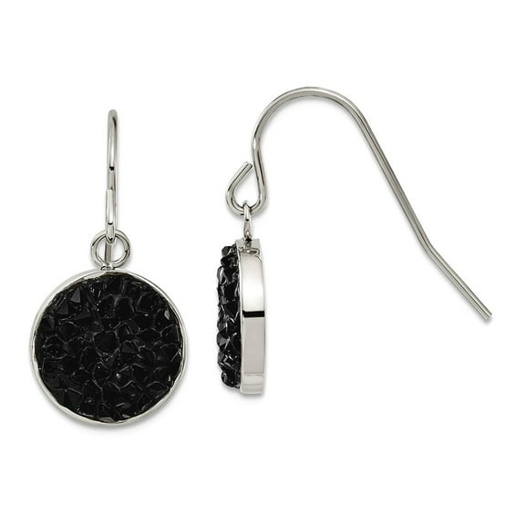 Finest Gold Chisel Stainless Steel Polished Black Crystal Circle Dangle Earrings