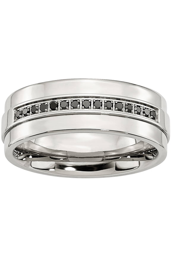 Stainless Steel Polished & Black Diamonds 8mm Band