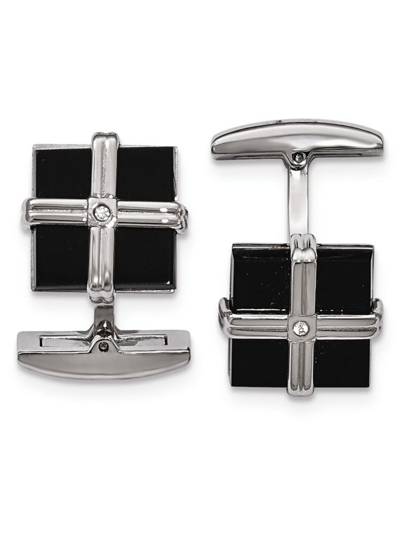Stainless Steel Polished Black IP CZ Square Cuff Links