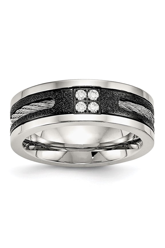Stainless Steel Polished Black IP Laser Cut w/Cable Inlay & CZ 8mm Band