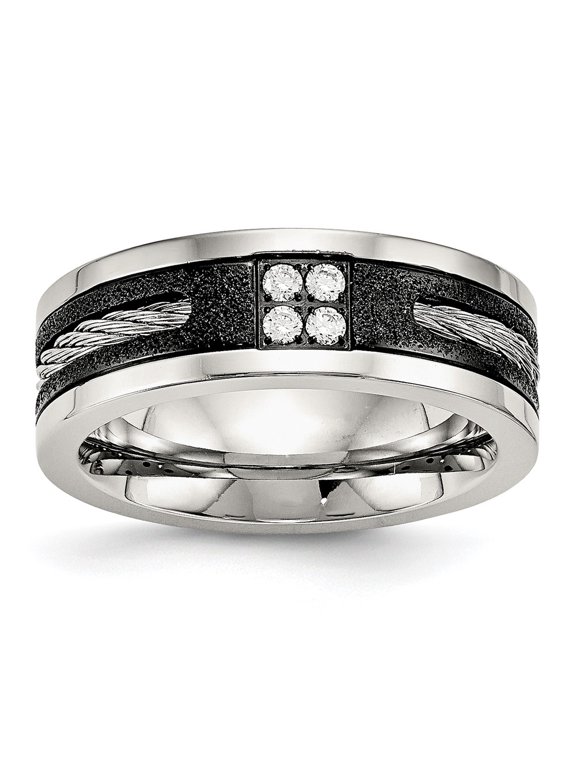 Stainless Steel Polished Black IP Laser Cut w/Cable Inlay & CZ 8mm Band