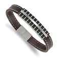 thumbnail image 1 of Stainless Steel Polished Black IP Lasercut Brown Leather 8.25in Bracelet, 1 of 1