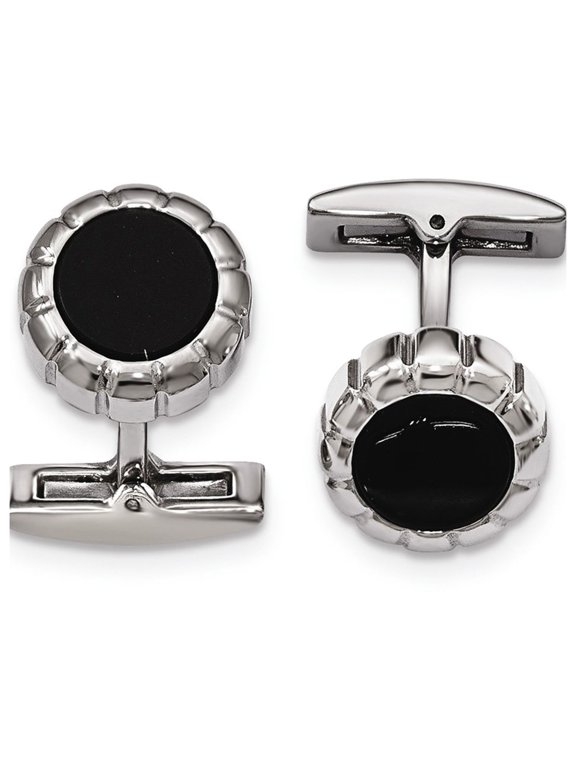 Stainless Steel Polished Black IP Scalloped Round Cuff Links