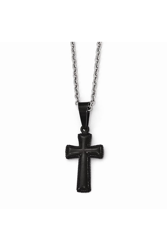 Stainless Steel Polished Black IP Small Pillow Cross Necklace; 16 inch; for Adults and Teens; for Women and Men