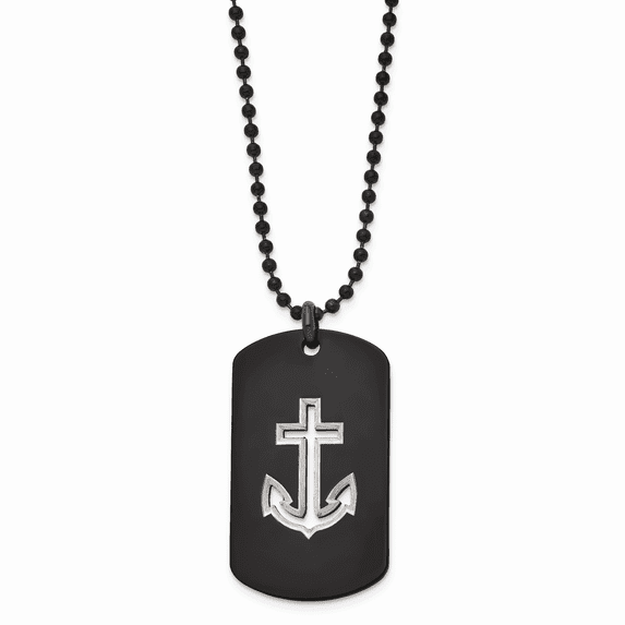 Stainless Steel Polished Black IP-plated Anchor Dog Tag Necklace