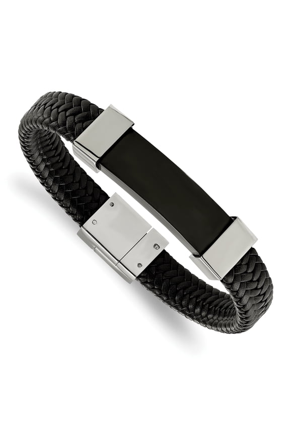 Stainless Steel Polished Black IP-plated Black Braided Leather 8.5 inch Bracelet