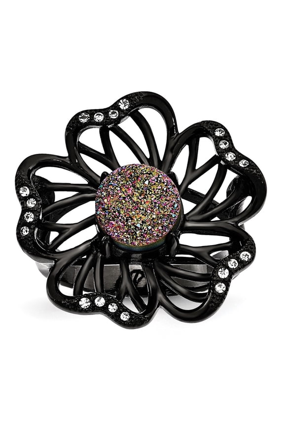 Stainless Steel Polished Black IP-plated Druzy and Crystal Ring