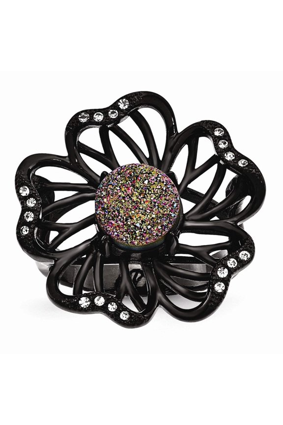 Stainless Steel Polished Black IP-plated Druzy and Crystal Ring