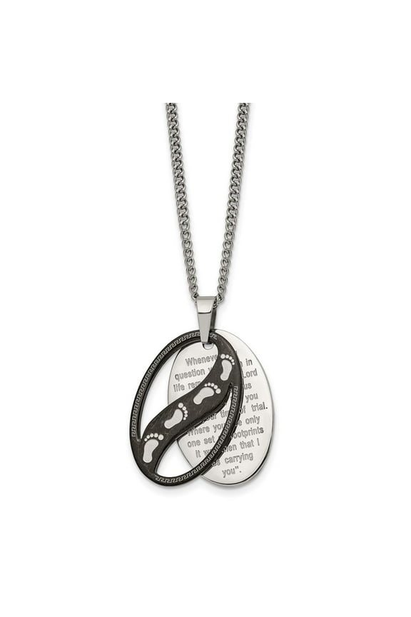 Stainless Steel Polished Black IP-plated 2 Piece FOOTPRINTS Pendant on a 24 inch Curb Chain Necklace
