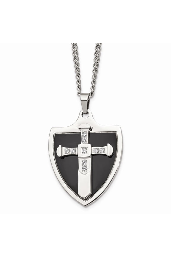 Stainless Steel Polished Black IP-plated With CZ Cross Shield Necklace; 24 inch; for Adults and Teens; for Women and Men