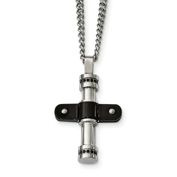 Stainless Steel Polished Black Ip Black Cubic Zirconia Cross Necklace - 22 Inch