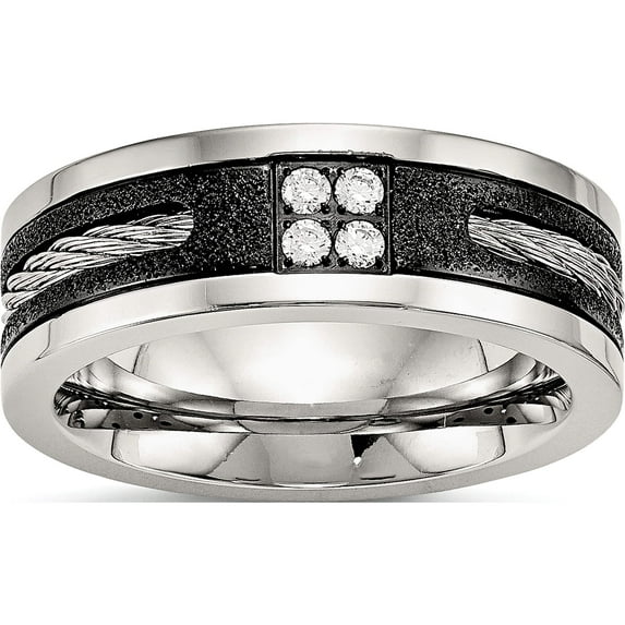 Stainless Steel Polished Black Ip Laser Cut With Cable Inlay & Cz 8mm Band (Size 7) Made In China sr550-7