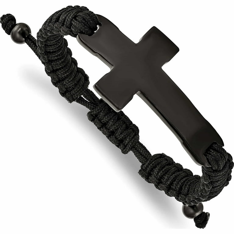 Stainless Steel Polished Black IP Black Nylon Adjustable Cross Bracelet - Engravable Stainless Steel Polished Black IP Black Nylon Adjustable Cross Bracelet - Engravable