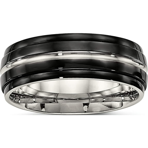 Stainless Steel Polished Black Ip-Plated 8mm Ridged Edged Band (Size 12) Made In China sr579-12