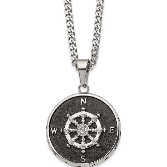Stainless Steel Polished Black Ip-Plated Compass 22In Necklace (22 X 30.2) Made In China srn2968-22