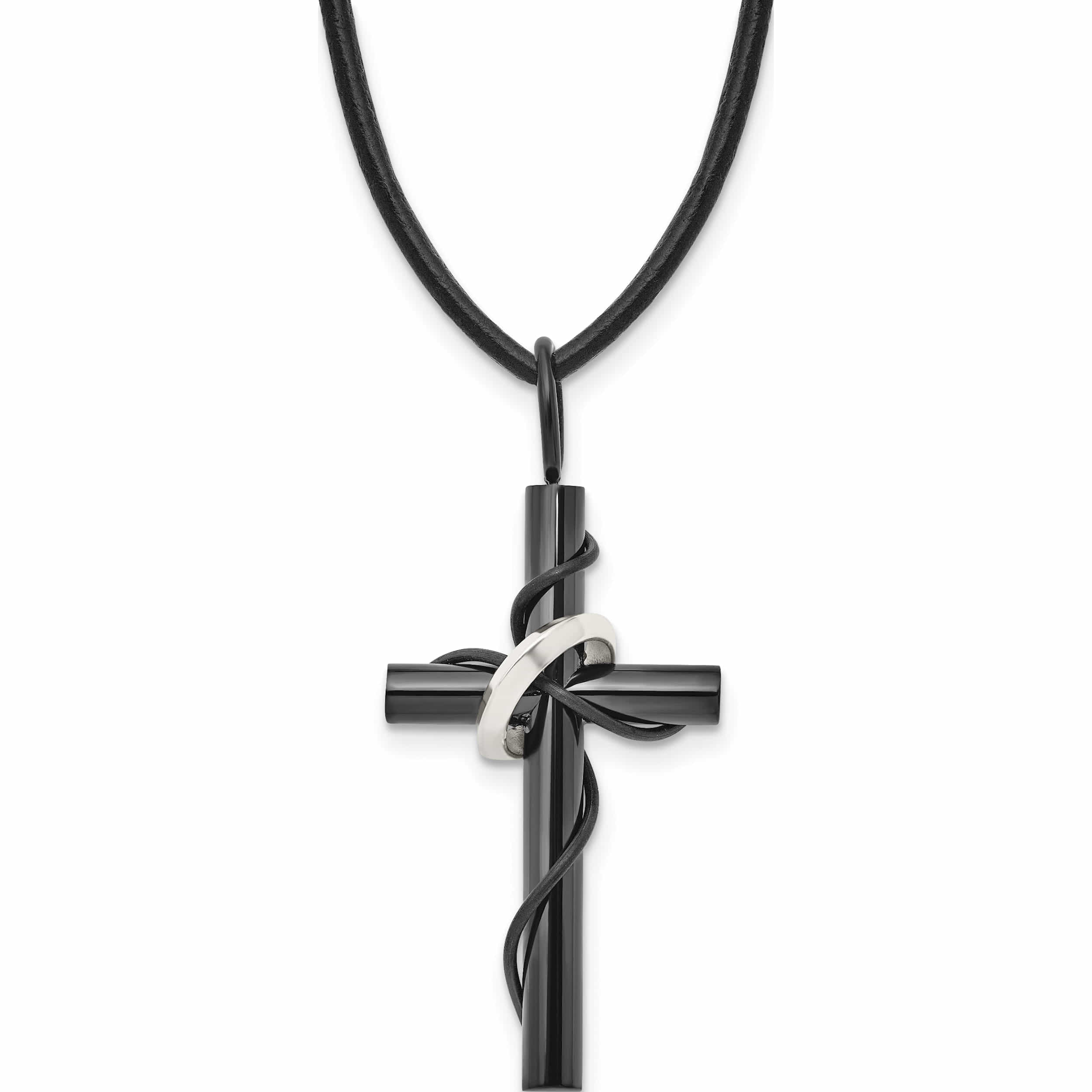 Stainless Steel Polished Black Ip-Plated Cross 20In Leather Cord Necklace Made In China -Jewelry By Sweet Pea