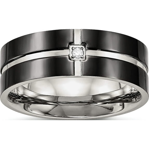 Stainless Steel Polished Black Ip-Plated Cz Grooved 8mm Comfort Fit Band (Size 13) Made In China sr557-13