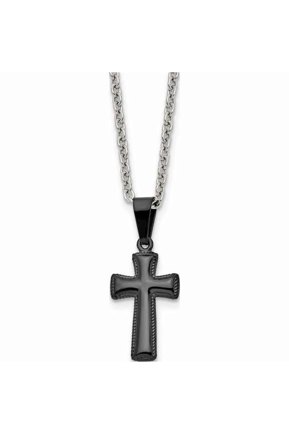 Stainless Steel Polished Black Ip-Plated Small Pillow Cross 16In Necklace Made In China -Jewelry By Sweet Pea