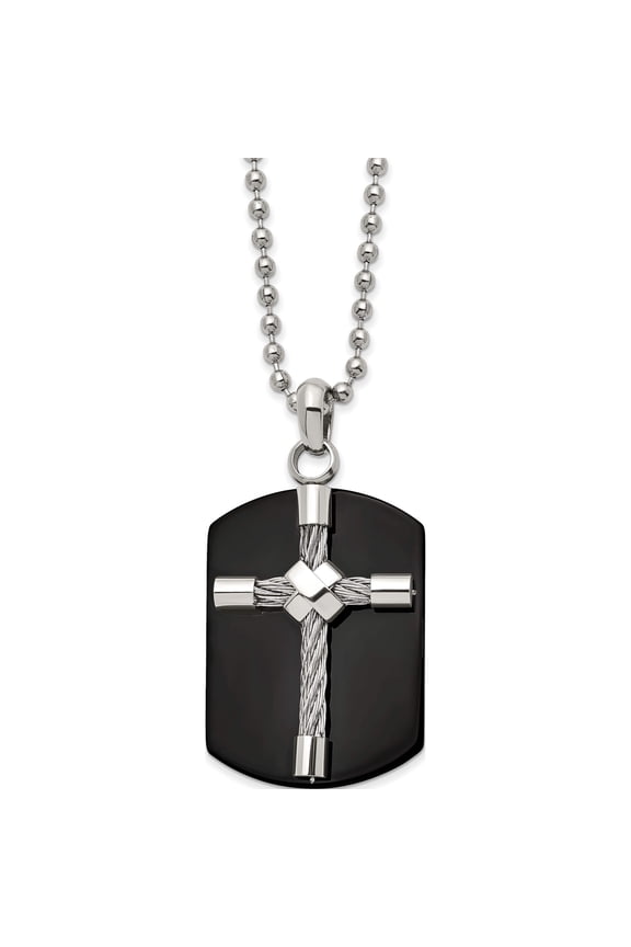 Stainless Steel Polished Black Ip-Plated Wire Cross Dog Tag 24In Necklace (24 X 25.2) Made In China srn2937-24