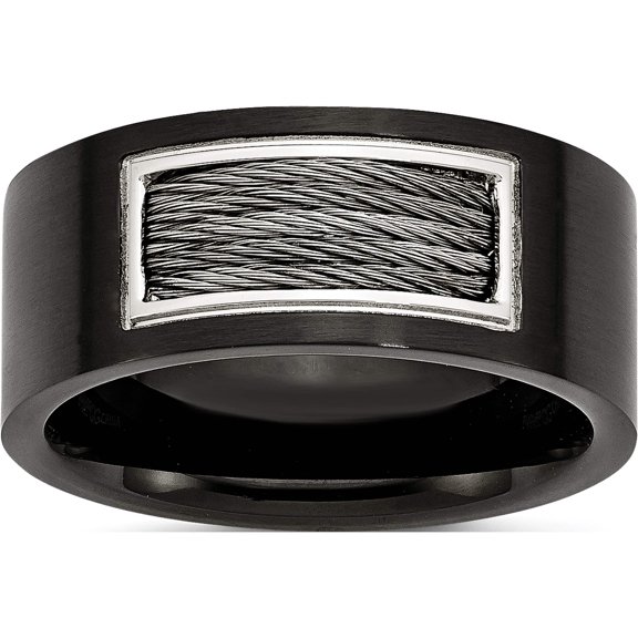 Stainless Steel Polished Black Ip-Plated With Grey Wire Inlay 10mm Band (Size 12) Made In China sr169-12