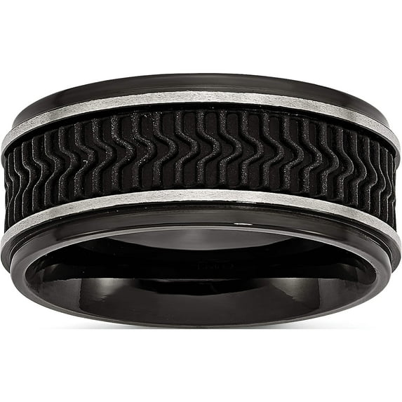 Stainless Steel Polished Black Ip-Plated With Rubber Inlay 10mm Band (Size 9.5) Made In China sr457-9.5