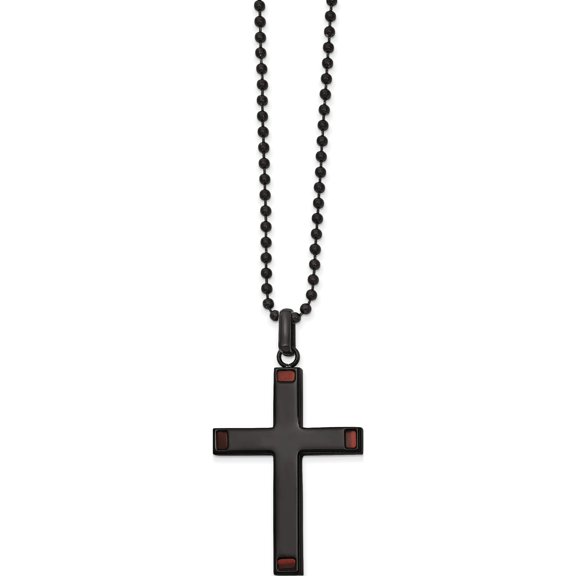 Stainless Steel Polished Black Ip-Plated With Tiger's Eye Cross 22In Necklace (22 X 31.88) Made In China srn2619-22