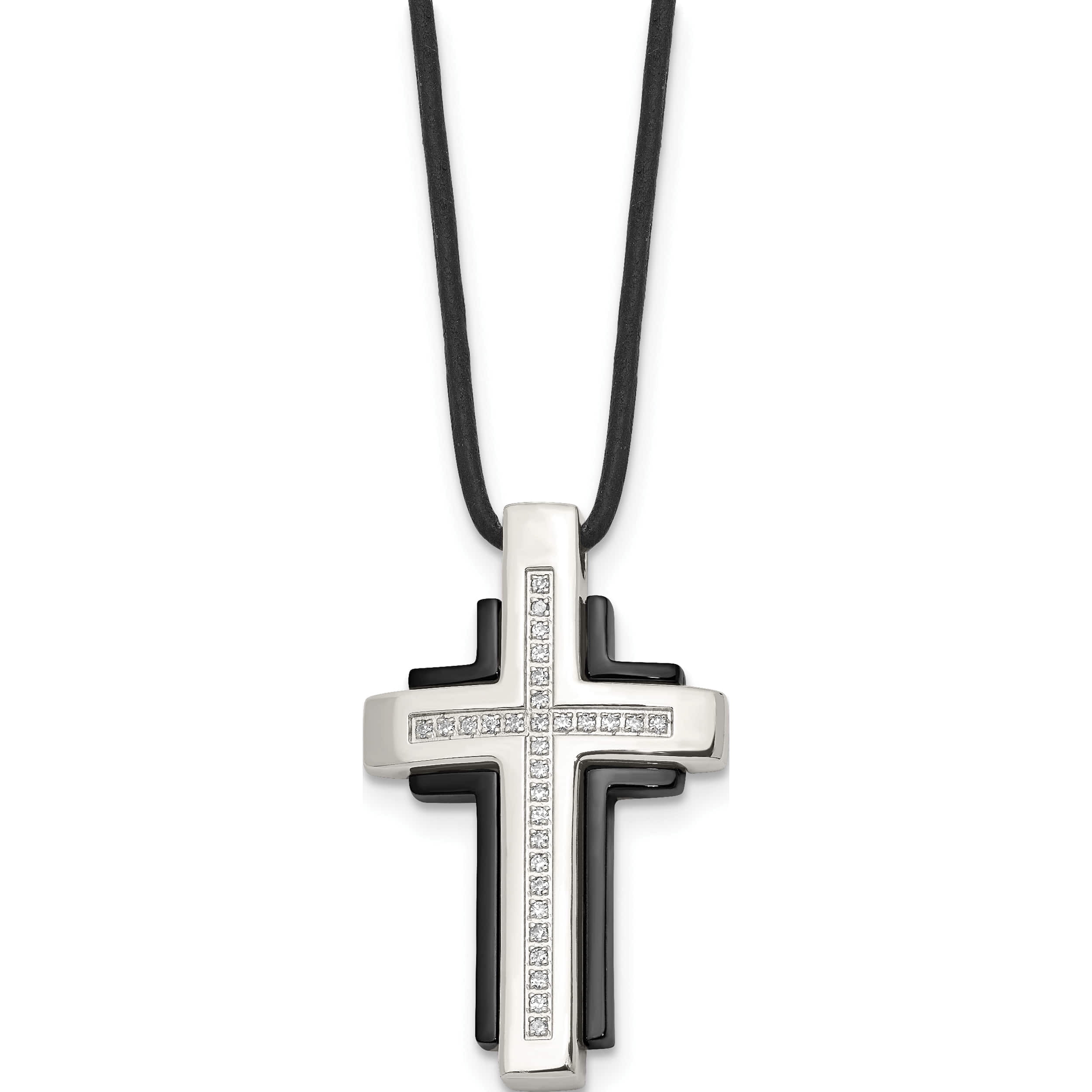 Stainless Steel Polished Black Ip With Cz Cross Leather Cord Necklace (18 X 22) Made In China srn860-18