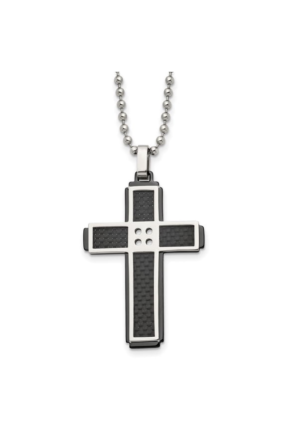 Stainless Steel Polished Black Ip-plated Solid Carbon Fiber Cross Necklace - 22 Inch - Measures 31.61mm Wide