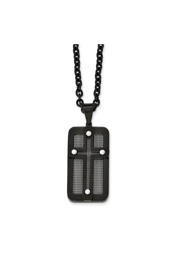 Stainless Steel Polished Black Ip-plated With Wire Inlay Cross Necklace - 24.5 Inch