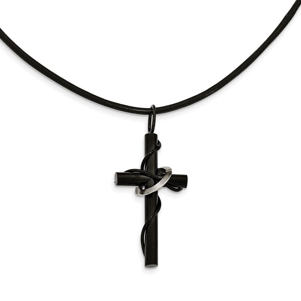 Stainless Steel Polished Black Ip-plating Cross Leather Cord Necklace - 20 Inch - Measures 23mm Wide
