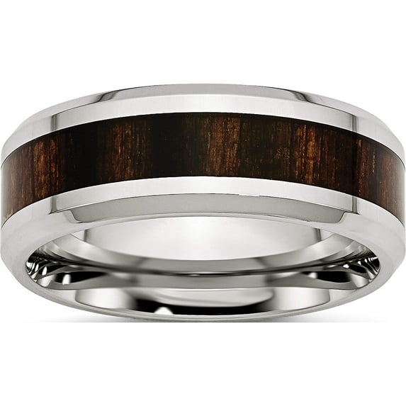 Stainless Steel Polished Black Koa Wood Inlay Enameled 8mm Band (Size 9) Made In China sr404-9