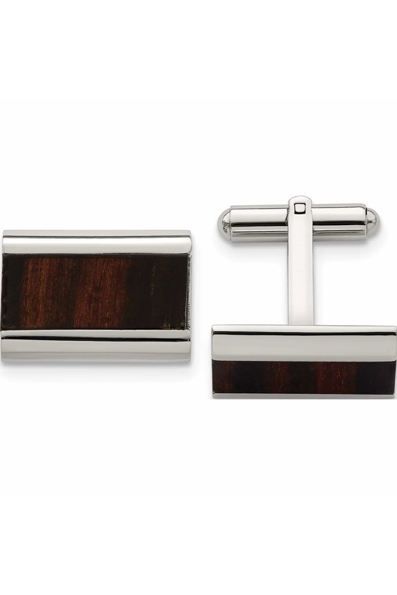 Stainless Steel Polished Black Koa Wood Inlay Rectangle Cufflinks Made In China -Jewelry By Sweet Pea