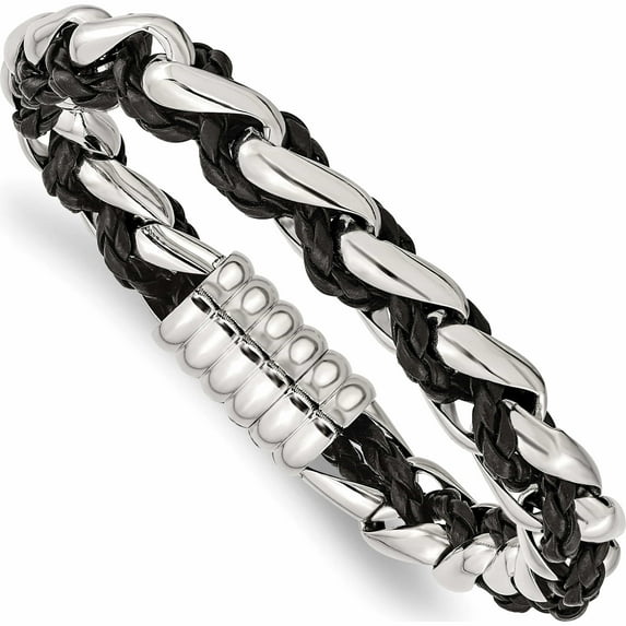 Stainless Steel Polished Black Leather 8.5In Bracelet (8.5 X 10.76) Made In China -Jewelry By Sweet Pea