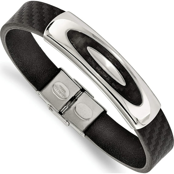 Stainless Steel Polished Black Leather 8In Bracelet (8 X 11.94) Made In China srb1949-8