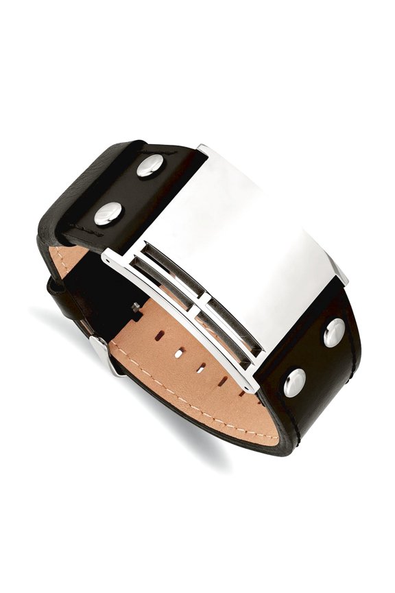 Stainless Steel Polished Black Leather Buckle Bracelet 9.25 Inch 35mm Wide Link Bracelet for Women