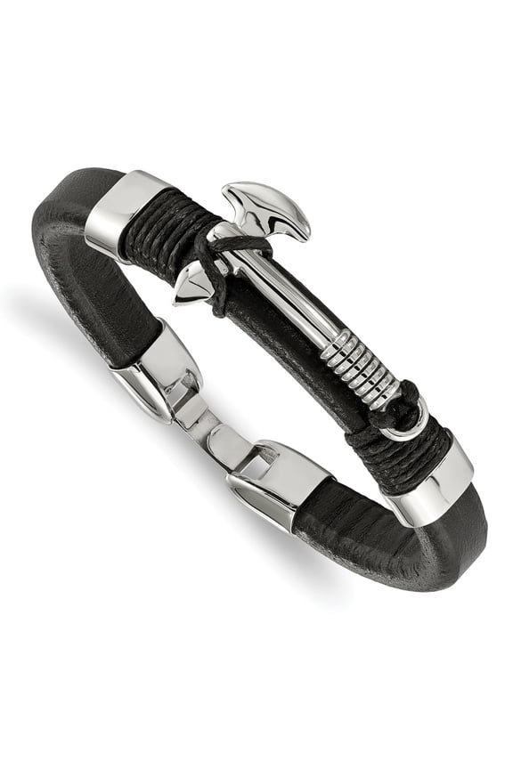 Stainless Steel Polished Black Leather Hatchet 8.5in Chain Bracelet; for Adults and Teens; for Women and Men