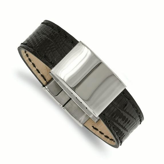 Stainless Steel Polished Black Leather ID Bracelet